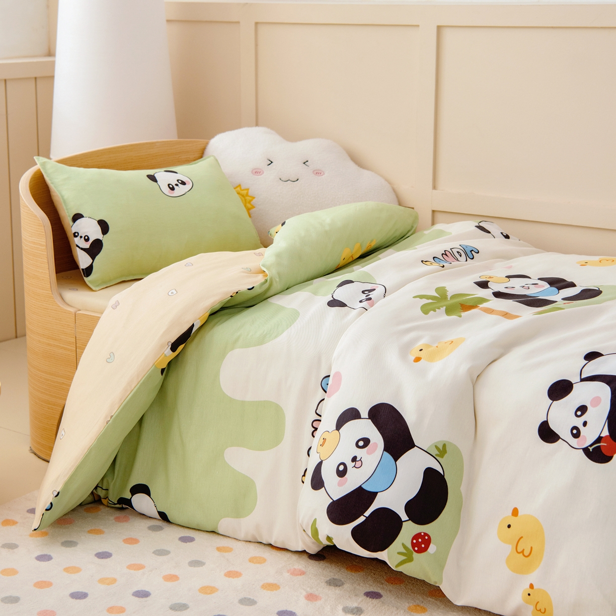 91家纺网 家纺一手货源 找家纺 鱼宝 2026新款全棉纯棉幼儿园套件-星愿系列 森林熊猫绿