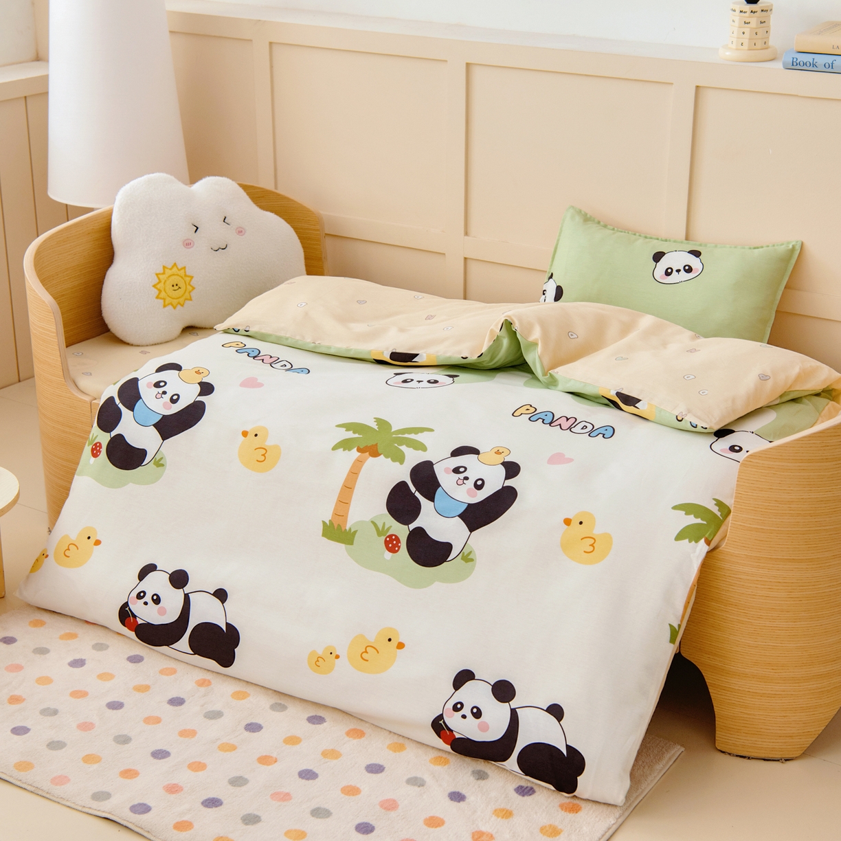 91家纺网 家纺一手货源 找家纺 鱼宝 2026新款全棉纯棉幼儿园套件-星愿系列 森林熊猫绿