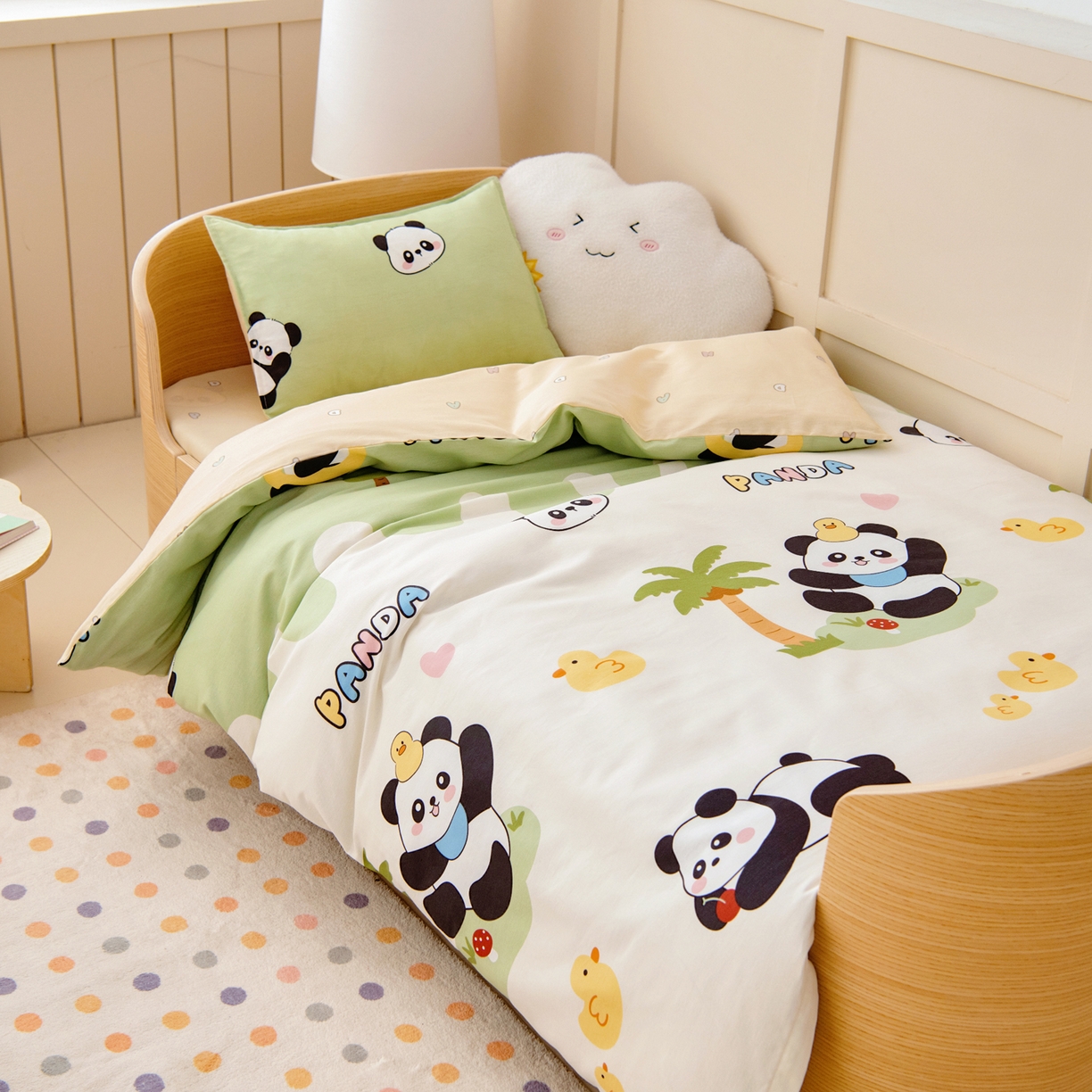 91家纺网 家纺一手货源 找家纺 鱼宝 2026新款全棉纯棉幼儿园套件-星愿系列 森林熊猫绿