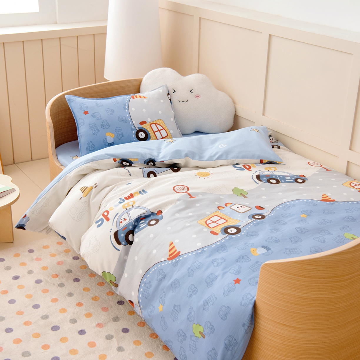 91家纺网 家纺一手货源 找家纺 鱼宝 2026新款全棉纯棉幼儿园套件-星愿系列 阳光车队