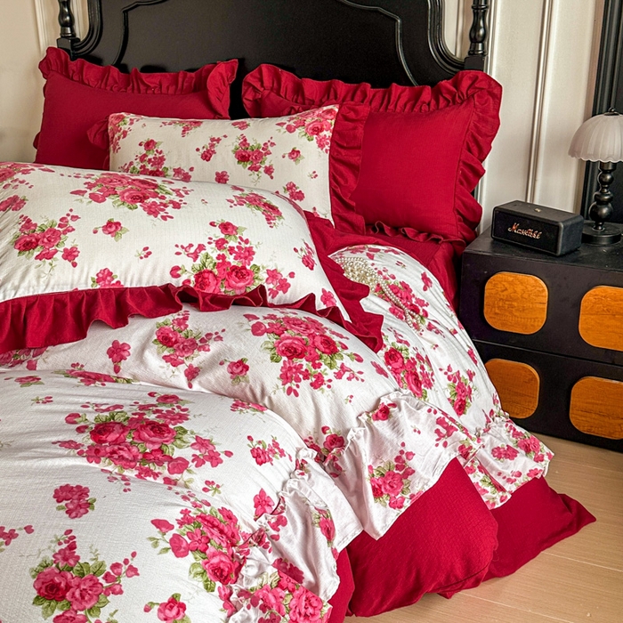 91家纺网 家纺一手货源 找家纺 （总）金盛皇朝家纺 2026新款仿棉皱皱纱双层纱木棉仿棉水洗棉喜庆浪漫大红四件套-盛世系列