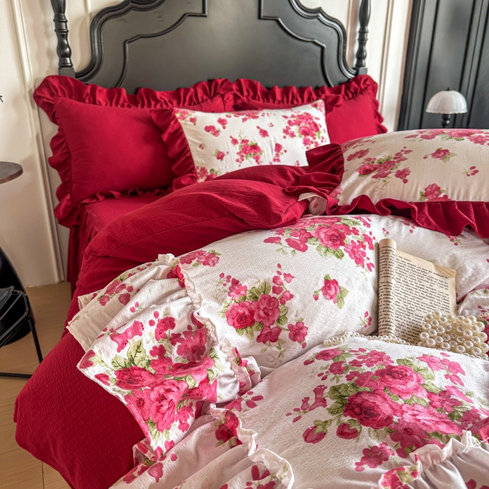 91家纺网 家纺一手货源 找家纺 （总）金盛皇朝家纺 2026新款仿棉皱皱纱双层纱木棉仿棉水洗棉喜庆浪漫大红四件套-盛世系列