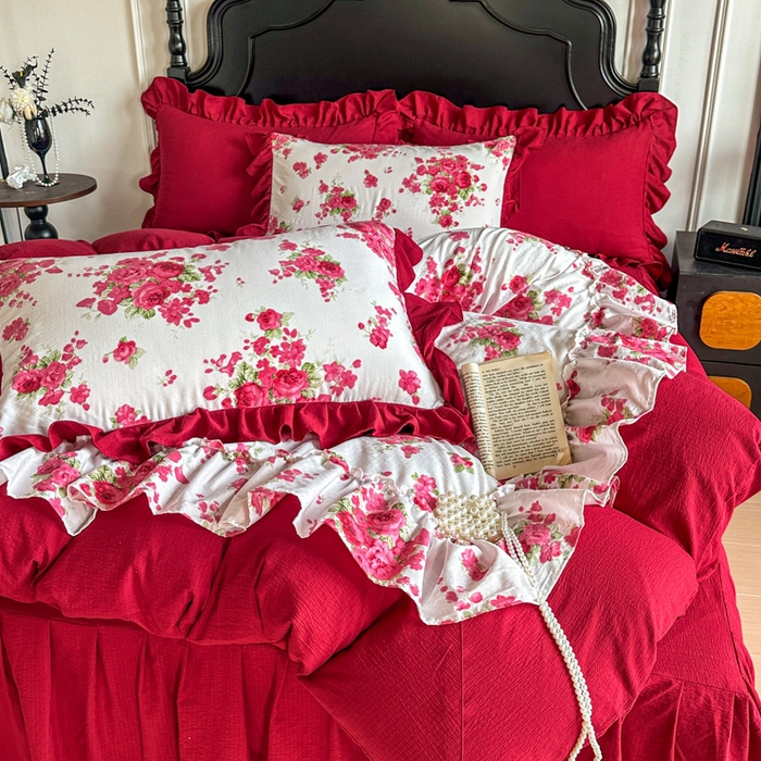 91家纺网 家纺一手货源 找家纺 （总）金盛皇朝家纺 2026新款仿棉皱皱纱双层纱木棉仿棉水洗棉喜庆浪漫大红四件套-盛世系列