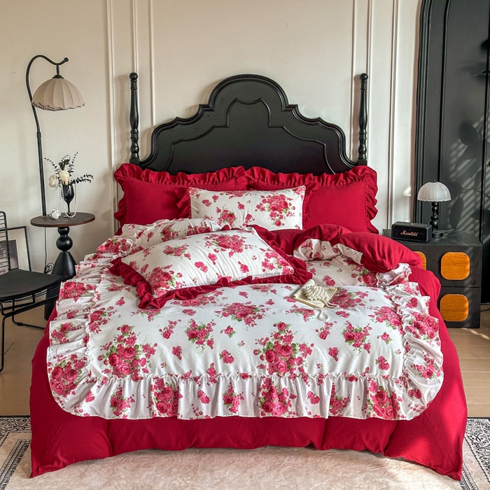 91家纺网 家纺一手货源 找家纺 （总）金盛皇朝家纺 2026新款仿棉皱皱纱双层纱木棉仿棉水洗棉喜庆浪漫大红四件套-盛世系列