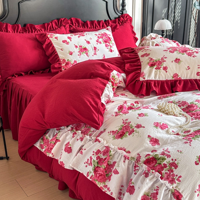 91家纺网 家纺一手货源 找家纺 （总）金盛皇朝家纺 2026新款仿棉皱皱纱双层纱木棉仿棉水洗棉喜庆浪漫大红四件套-盛世系列