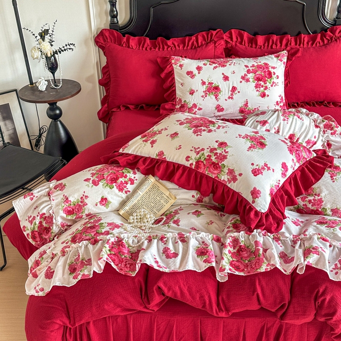 91家纺网 家纺一手货源 找家纺 （总）金盛皇朝家纺 2026新款仿棉皱皱纱双层纱木棉仿棉水洗棉喜庆浪漫大红四件套-盛世系列