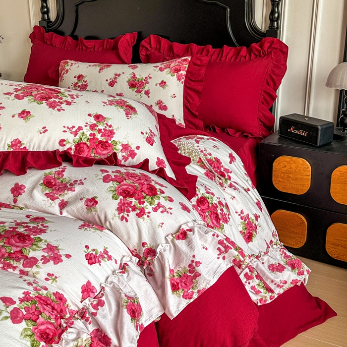 91家纺网 家纺一手货源 找家纺 （总）金盛皇朝家纺 2026新款仿棉皱皱纱双层纱木棉仿棉水洗棉喜庆浪漫大红四件套-盛世系列