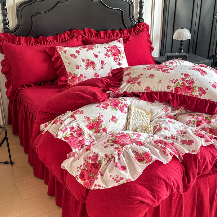91家纺网 家纺一手货源 找家纺 （总）金盛皇朝家纺 2026新款仿棉皱皱纱双层纱木棉仿棉水洗棉喜庆浪漫大红四件套-盛世系列,盛世红菱,盛世赤霞,盛世暖眠