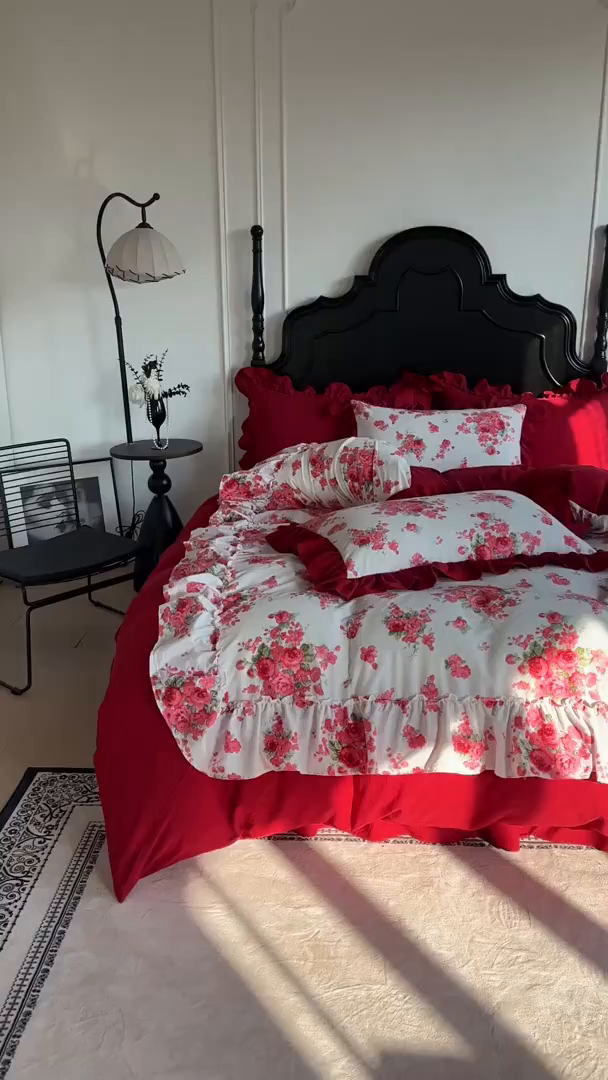 91家纺网 家纺一手货源 找家纺 （总）金盛皇朝家纺 2026新款仿棉皱皱纱双层纱木棉仿棉水洗棉喜庆浪漫大红四件套-盛世系列