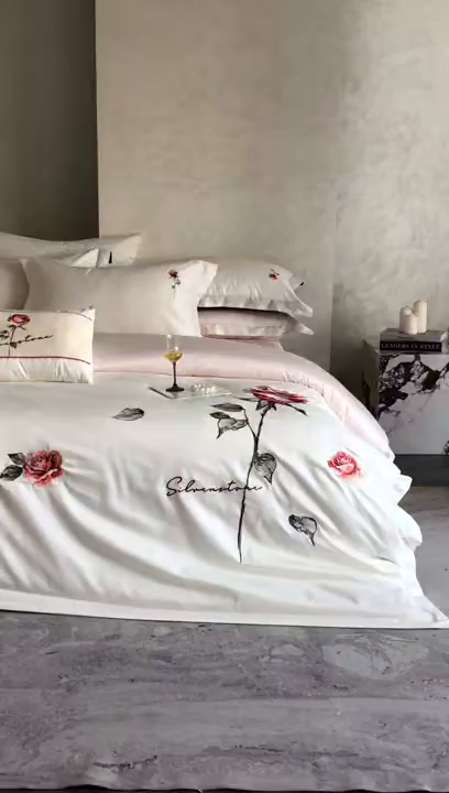 91家纺网 家纺一手货源 找家纺 优悦生活馆 2026新款全棉新疆长绒棉刺绣四件套-温情蜜意 温情蜜意-白