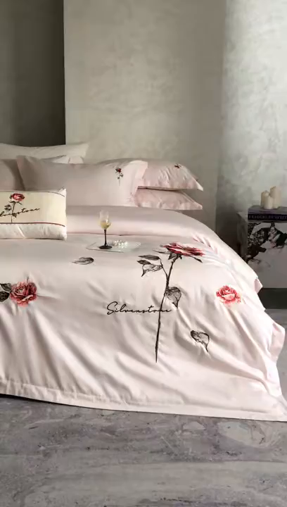 91家纺网 家纺一手货源 找家纺 优悦生活馆 2026新款全棉新疆长绒棉刺绣四件套-温情蜜意 温情蜜意-粉