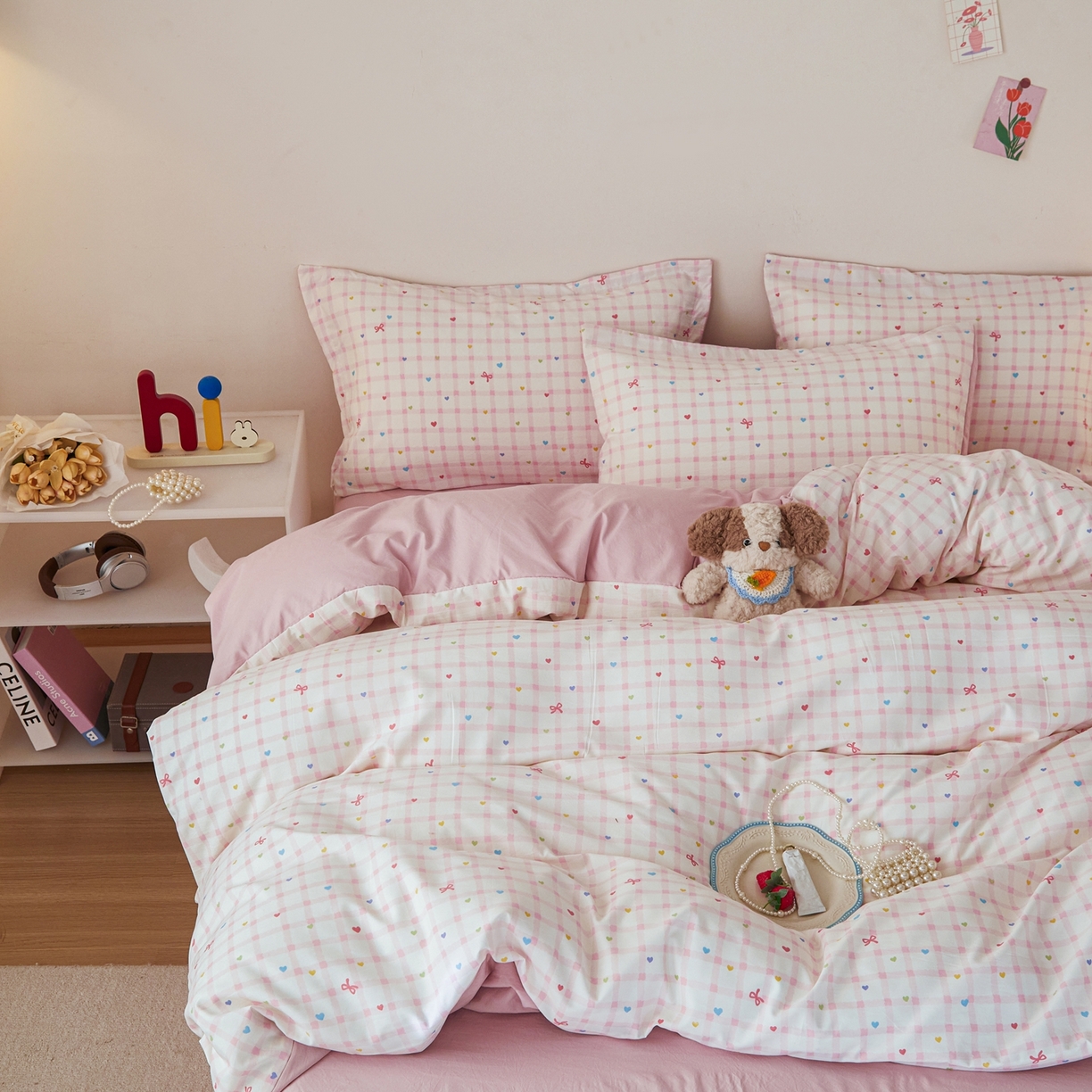 91家纺网 家纺一手货源 找家纺 梦纤绒 2026新款香云锦仿棉高克重四件套 粉格蝴蝶结