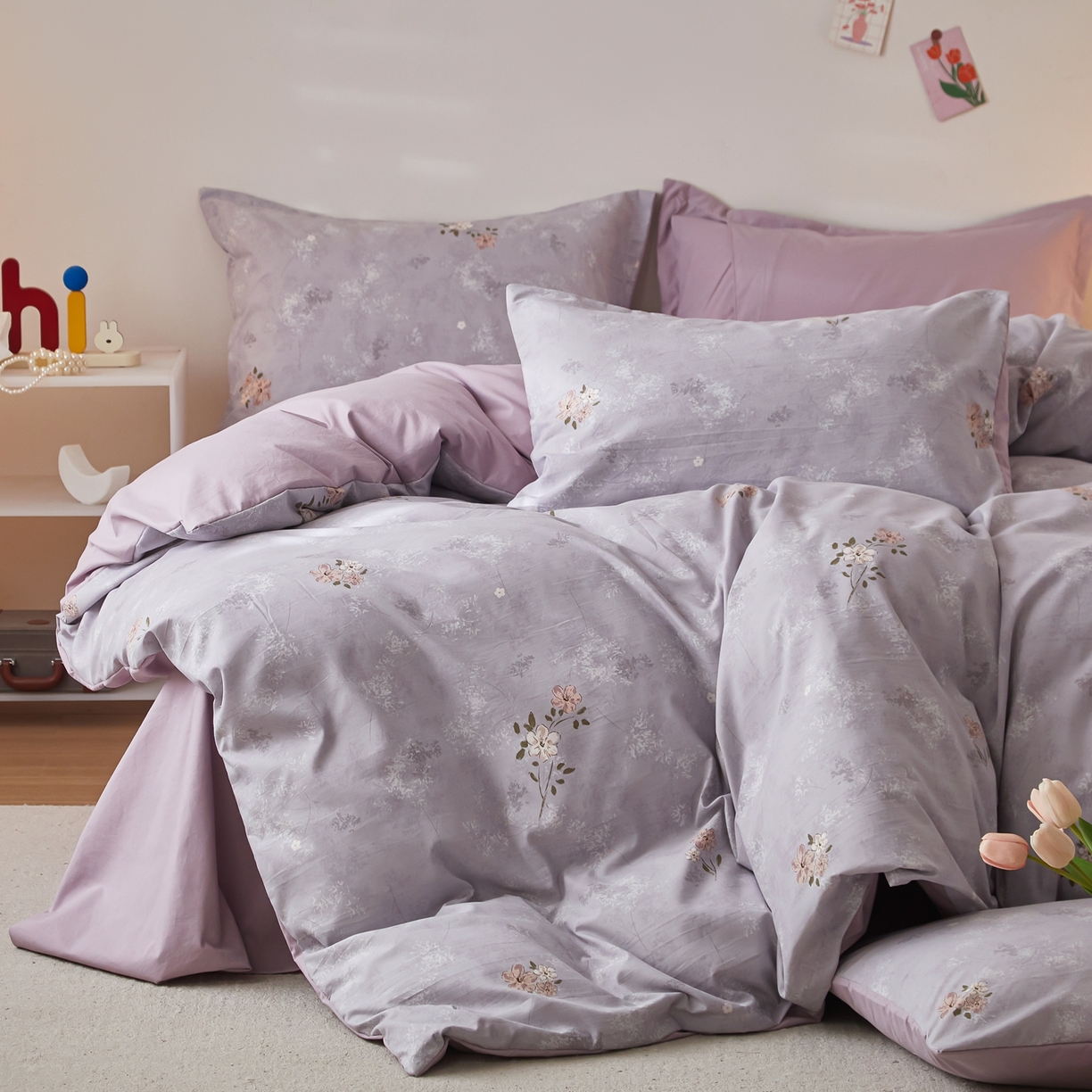 91家纺网 家纺一手货源 找家纺 梦纤绒 2026新款香云锦仿棉高克重四件套 紫韵花