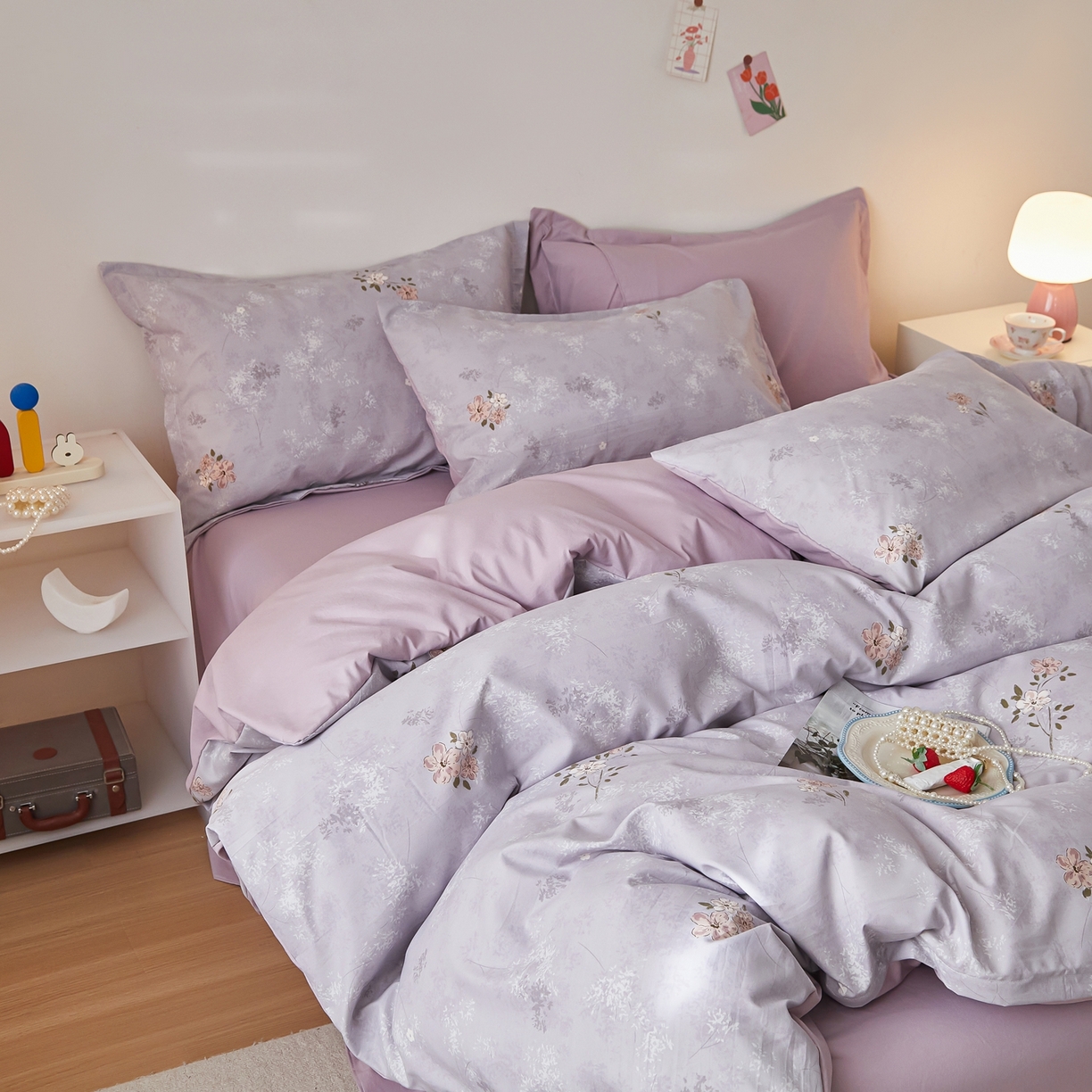 91家纺网 家纺一手货源 找家纺 梦纤绒 2026新款香云锦仿棉高克重四件套 紫韵花