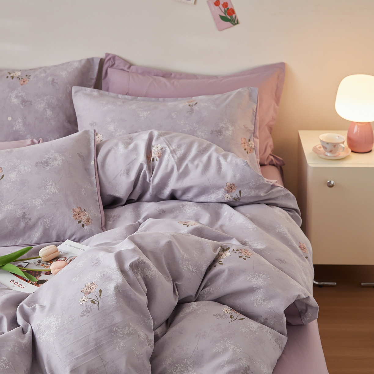 91家纺网 家纺一手货源 找家纺 梦纤绒 2026新款香云锦仿棉高克重四件套 紫韵花