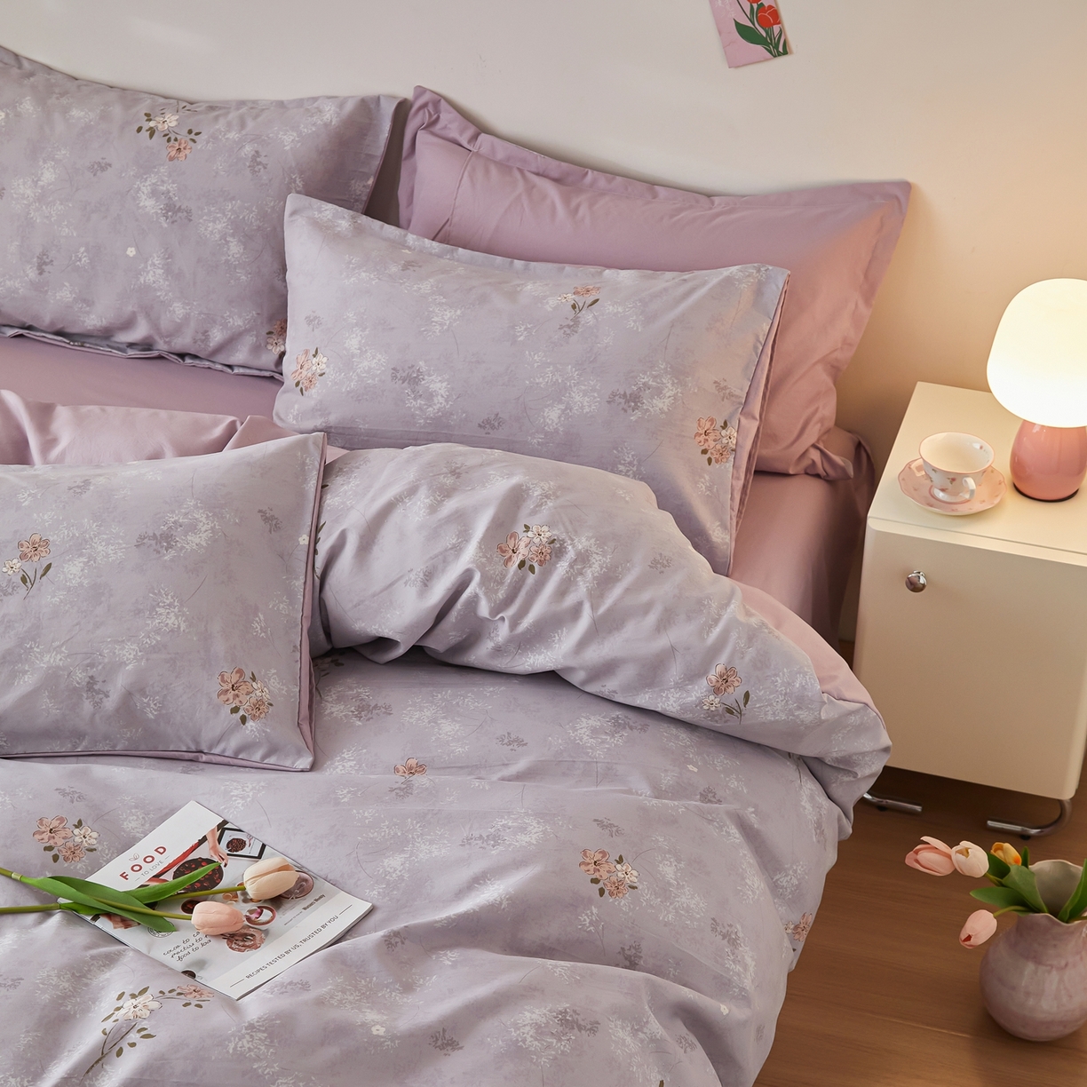 91家纺网 家纺一手货源 找家纺 梦纤绒 2026新款香云锦仿棉高克重四件套 紫韵花