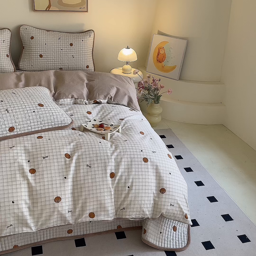 91家纺网 家纺一手货源 找家纺 凌云家纺 2026新款A类13372全棉床盖四件套 南瓜可可