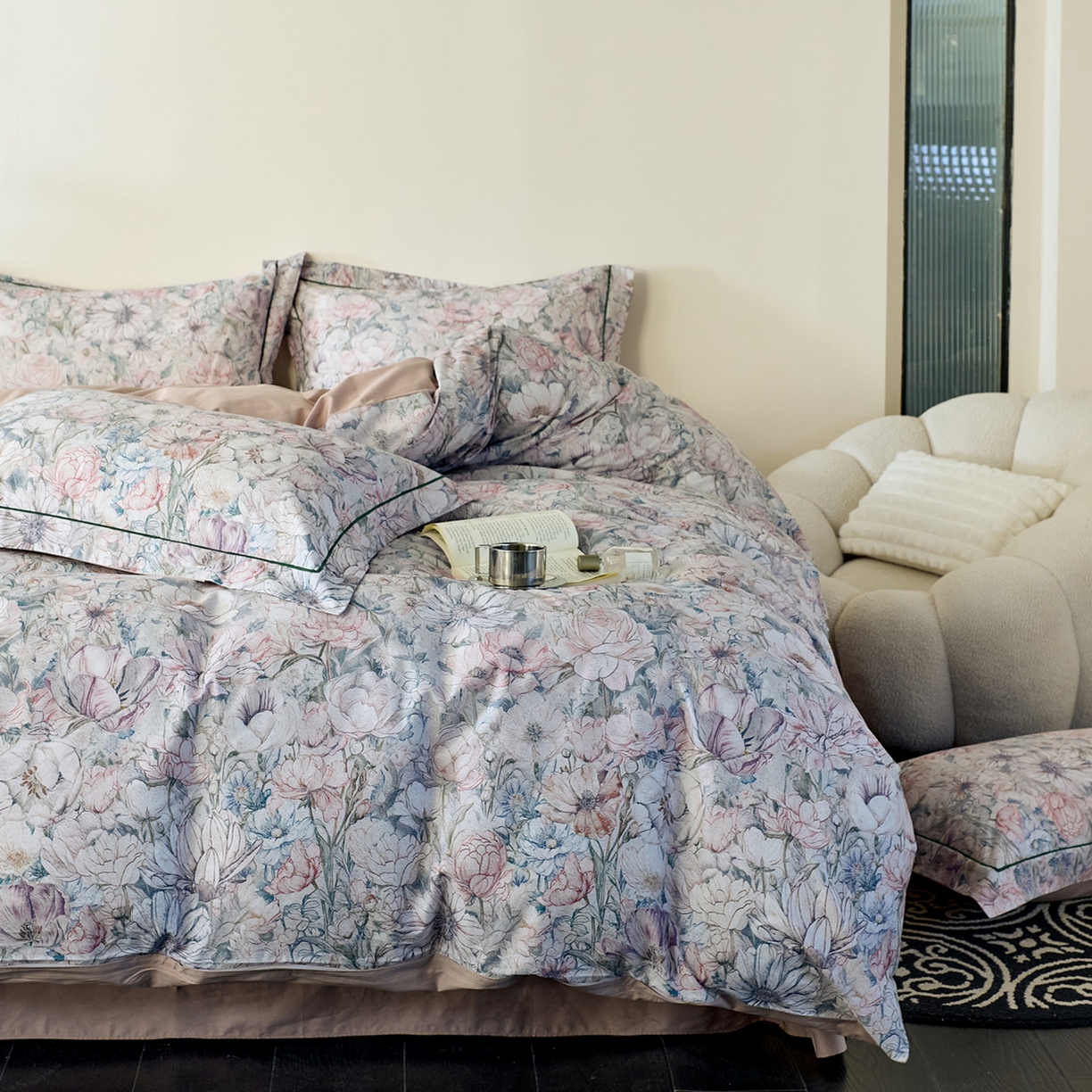 91家纺网 家纺一手货源 找家纺 由丽家纺 2026新款柔棉印花四件套系列 奈莎-绿