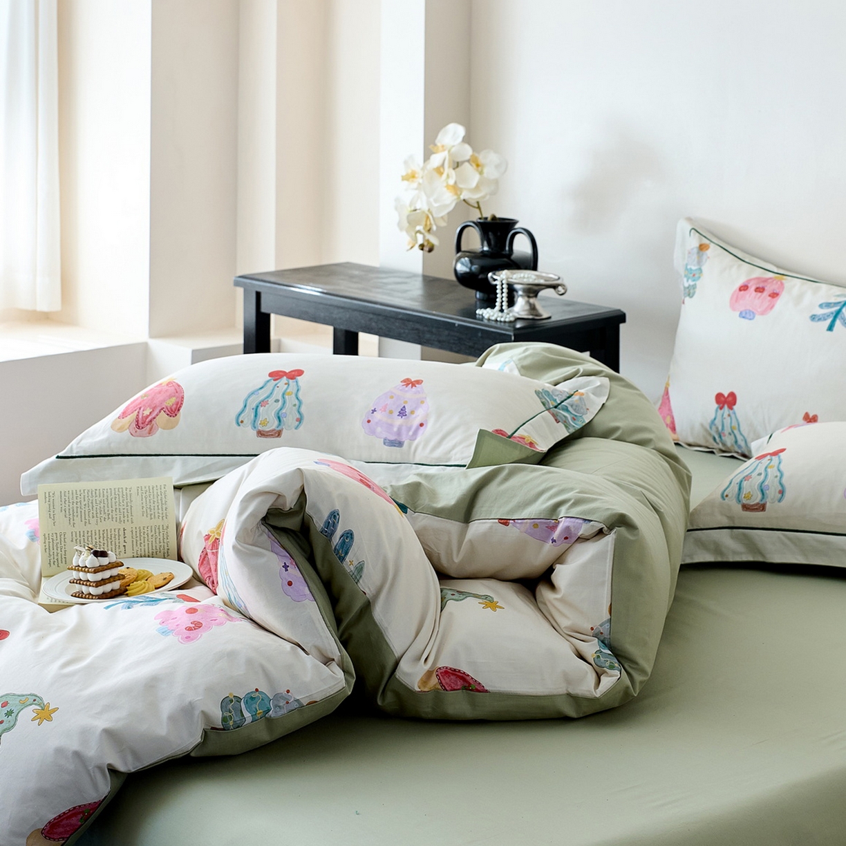 91家纺网 家纺一手货源 找家纺 由丽家纺 2026新款柔棉印花四件套系列 花漾岛-绿