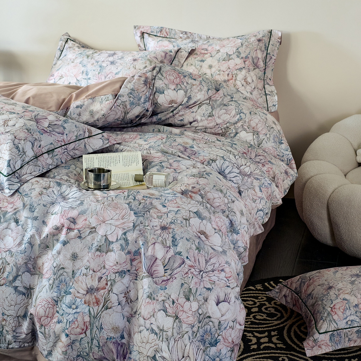 91家纺网 家纺一手货源 找家纺 由丽家纺 2026新款柔棉印花四件套系列 奈莎-绿