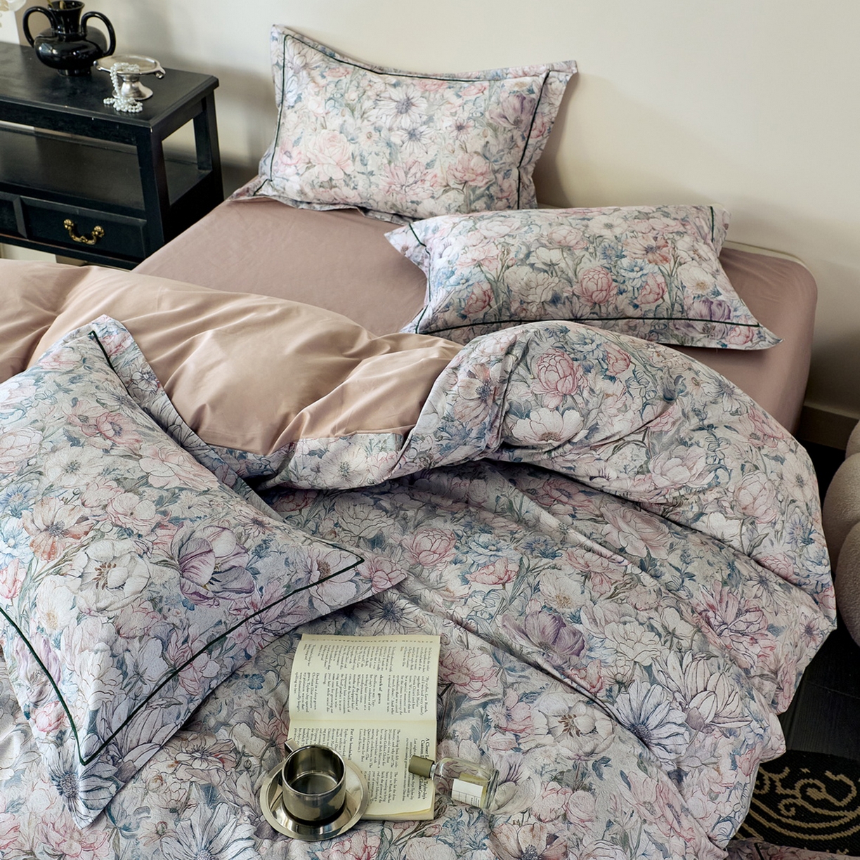 91家纺网 家纺一手货源 找家纺 由丽家纺 2026新款柔棉印花四件套系列 奈莎-绿