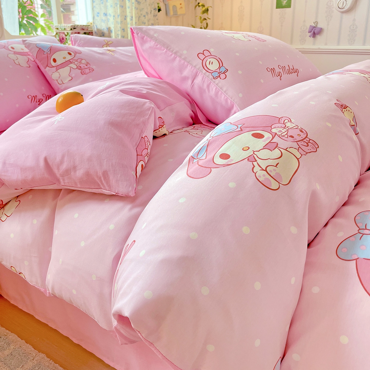 91家纺网 家纺一手货源 找家纺 朵希曼 2026新款正版授权全棉纯棉三丽鸥系列四件套 蝴蝶结美乐蒂