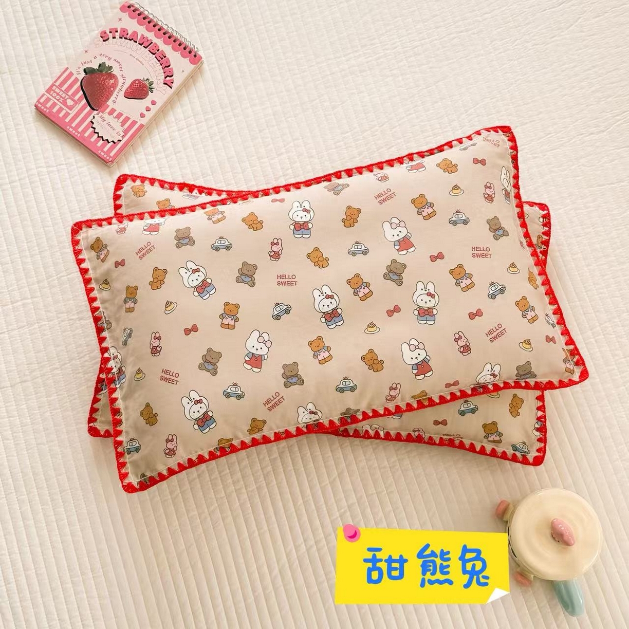 呗旺鹿 2026新款A类全棉纯棉双层纱儿童枕头套纯棉枕芯内胆套 甜熊兔