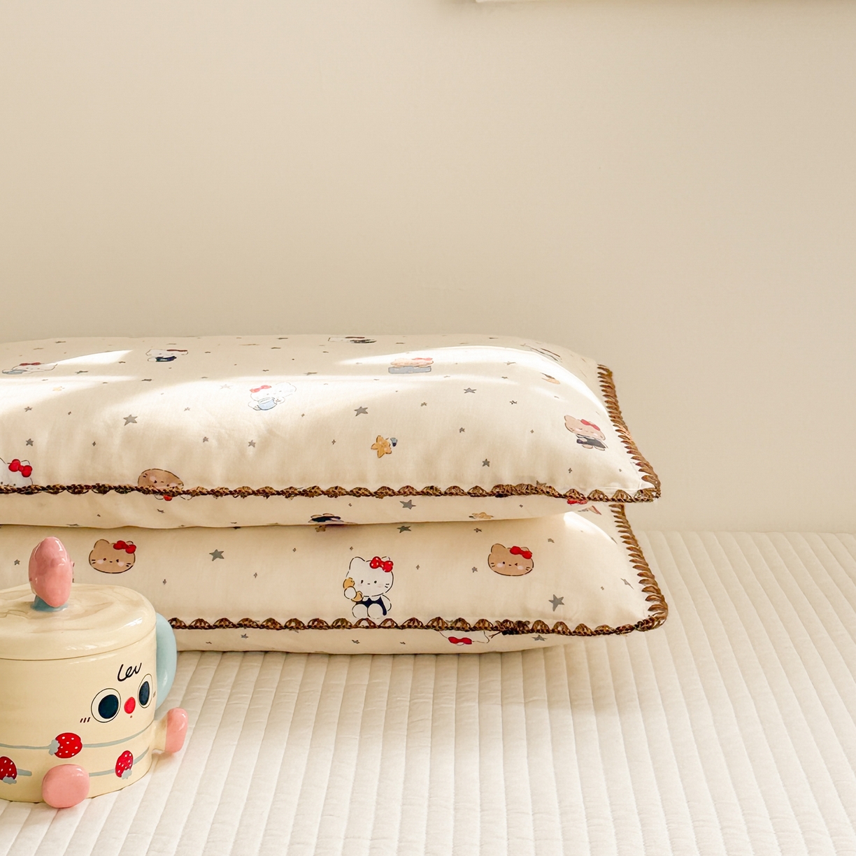 91家纺网 家纺一手货源 找家纺 呗旺鹿 2026新款A类全棉纯棉双层纱儿童枕头套纯棉枕芯内胆套 咖啡猫