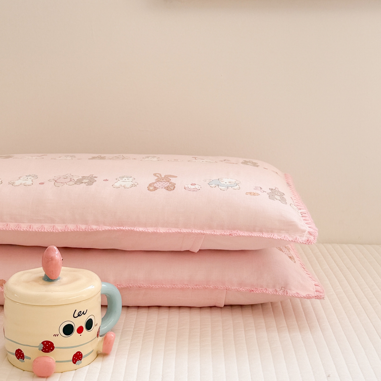 91家纺网 家纺一手货源 找家纺 呗旺鹿 2026新款A类全棉纯棉双层纱儿童枕头套纯棉枕芯内胆套 萌萌动物园粉