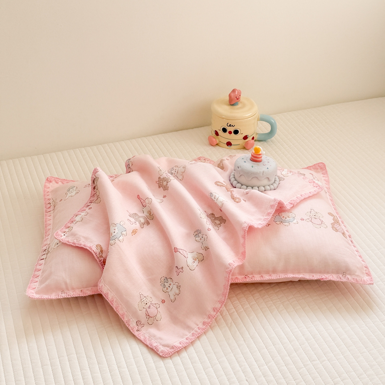 91家纺网 家纺一手货源 找家纺 呗旺鹿 2026新款A类全棉纯棉双层纱儿童枕头套纯棉枕芯内胆套 萌萌动物园粉