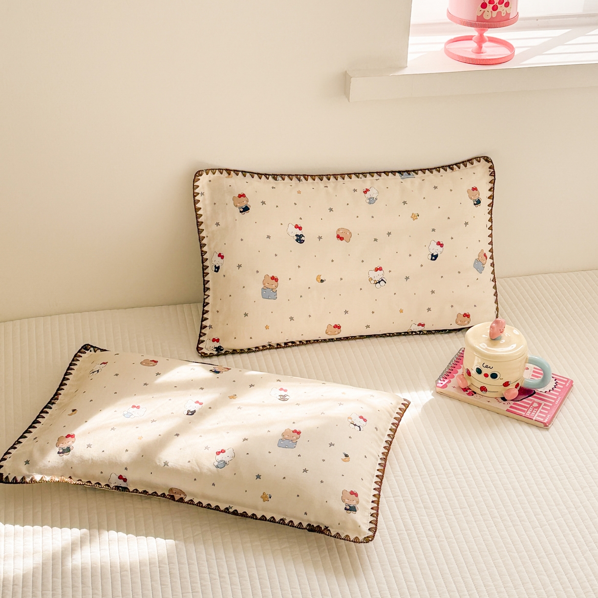 91家纺网 家纺一手货源 找家纺 呗旺鹿 2026新款A类全棉纯棉双层纱儿童枕头套纯棉枕芯内胆套 咖啡猫