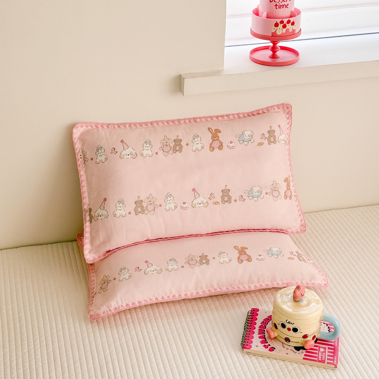 91家纺网 家纺一手货源 找家纺 呗旺鹿 2026新款A类全棉纯棉双层纱儿童枕头套纯棉枕芯内胆套 萌萌动物园粉