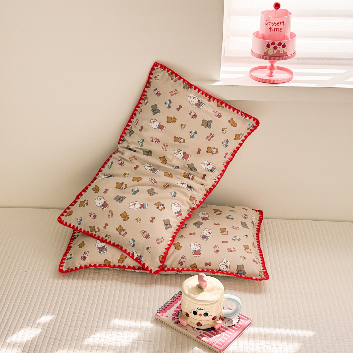 91家纺网 家纺一手货源 找家纺 呗旺鹿 2026新款A类全棉纯棉双层纱儿童枕头套纯棉枕芯内胆套 甜熊兔