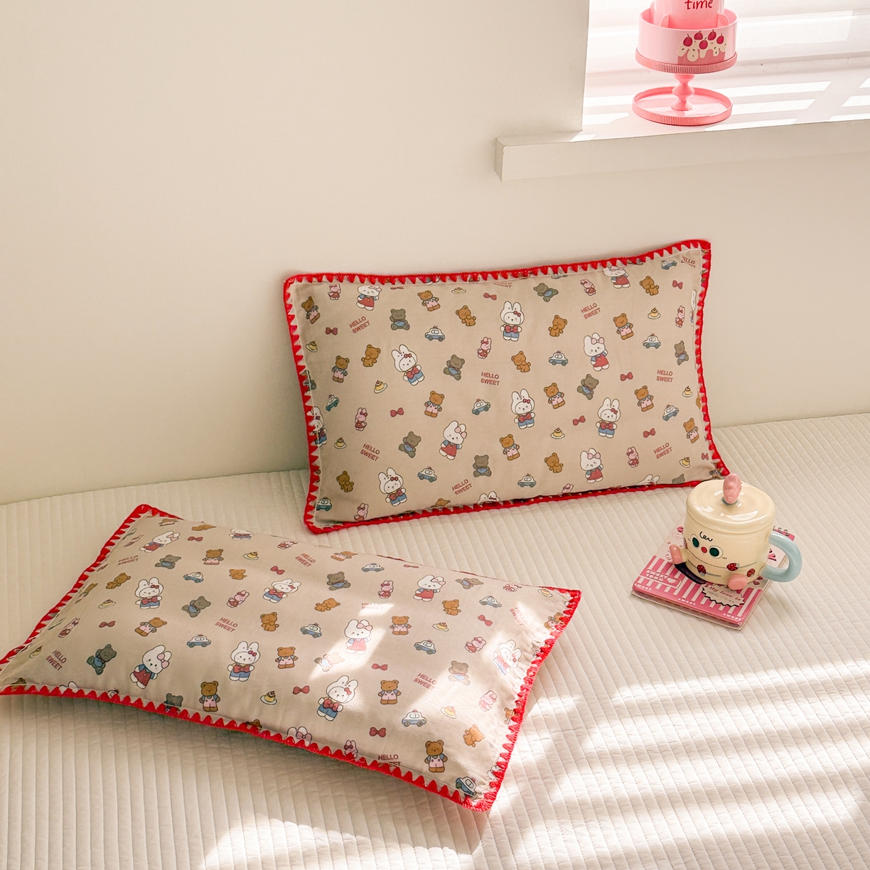 91家纺网 家纺一手货源 找家纺 呗旺鹿 2026新款A类全棉纯棉双层纱儿童枕头套纯棉枕芯内胆套 甜熊兔