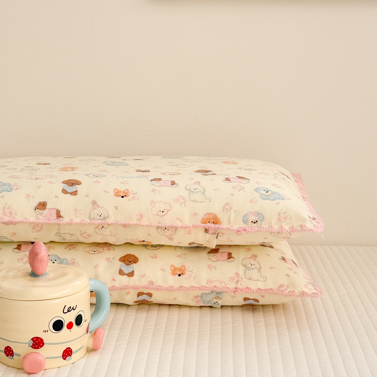 91家纺网 家纺一手货源 找家纺 呗旺鹿 2026新款A类全棉纯棉双层纱儿童枕头套纯棉枕芯内胆套 泡芙狗