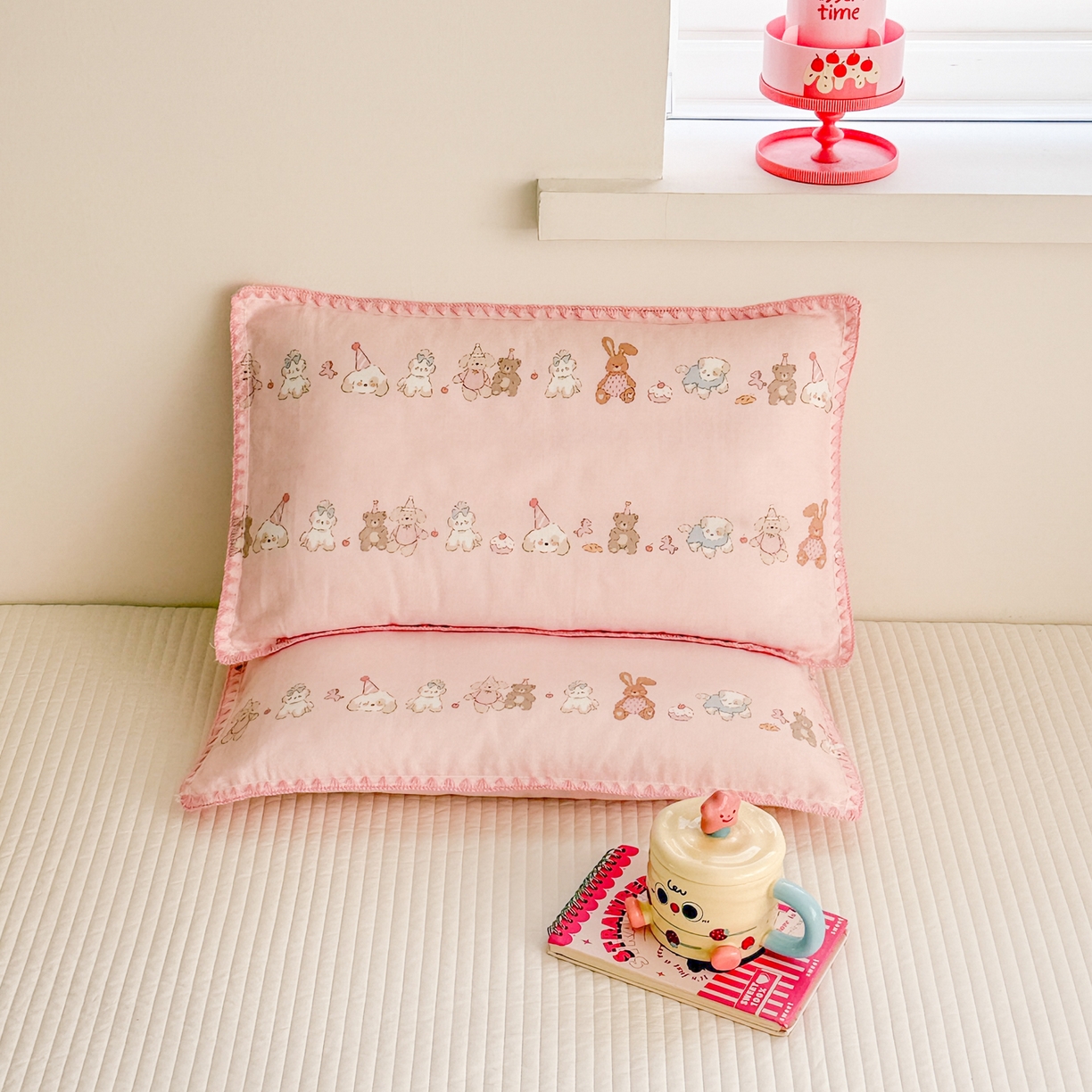 91家纺网 家纺一手货源 找家纺 呗旺鹿 2026新款A类全棉纯棉双层纱儿童枕头套纯棉枕芯内胆套 萌萌动物园粉