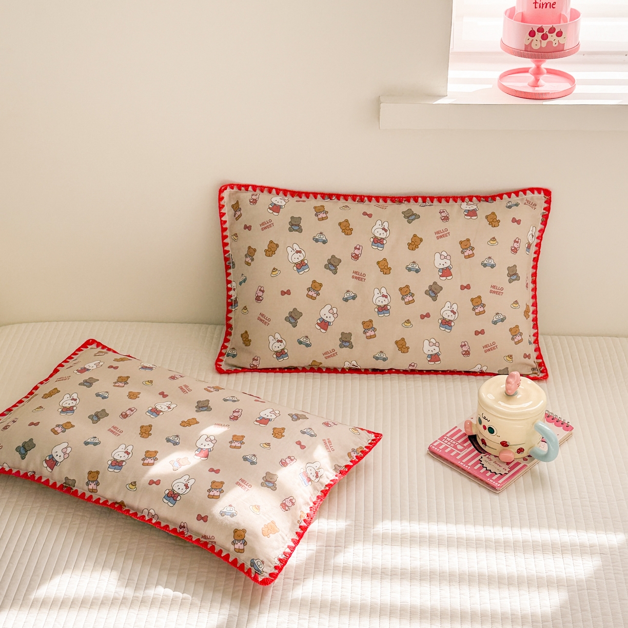 91家纺网 家纺一手货源 找家纺 呗旺鹿 2026新款A类全棉纯棉双层纱儿童枕头套纯棉枕芯内胆套 甜熊兔