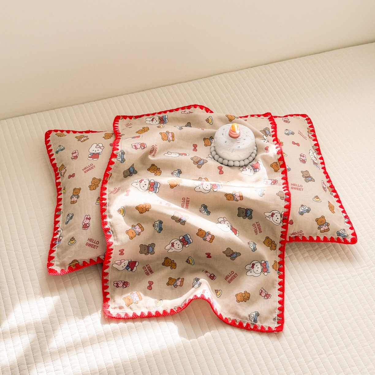 91家纺网 家纺一手货源 找家纺 呗旺鹿 2026新款A类全棉纯棉双层纱儿童枕头套纯棉枕芯内胆套 甜熊兔