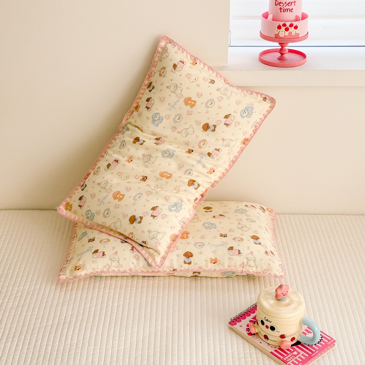 91家纺网 家纺一手货源 找家纺 呗旺鹿 2026新款A类全棉纯棉双层纱儿童枕头套纯棉枕芯内胆套 泡芙狗