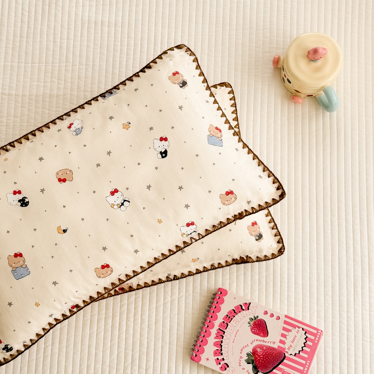 91家纺网 家纺一手货源 找家纺 呗旺鹿 2026新款A类全棉纯棉双层纱儿童枕头套纯棉枕芯内胆套 咖啡猫