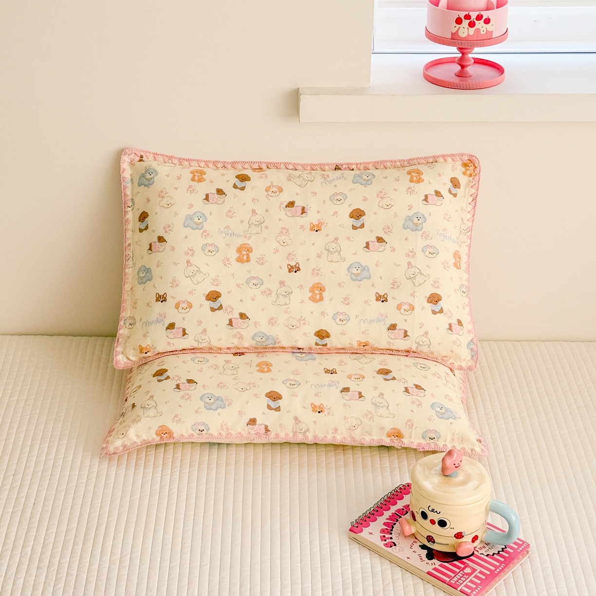 91家纺网 家纺一手货源 找家纺 呗旺鹿 2026新款A类全棉纯棉双层纱儿童枕头套纯棉枕芯内胆套 泡芙狗