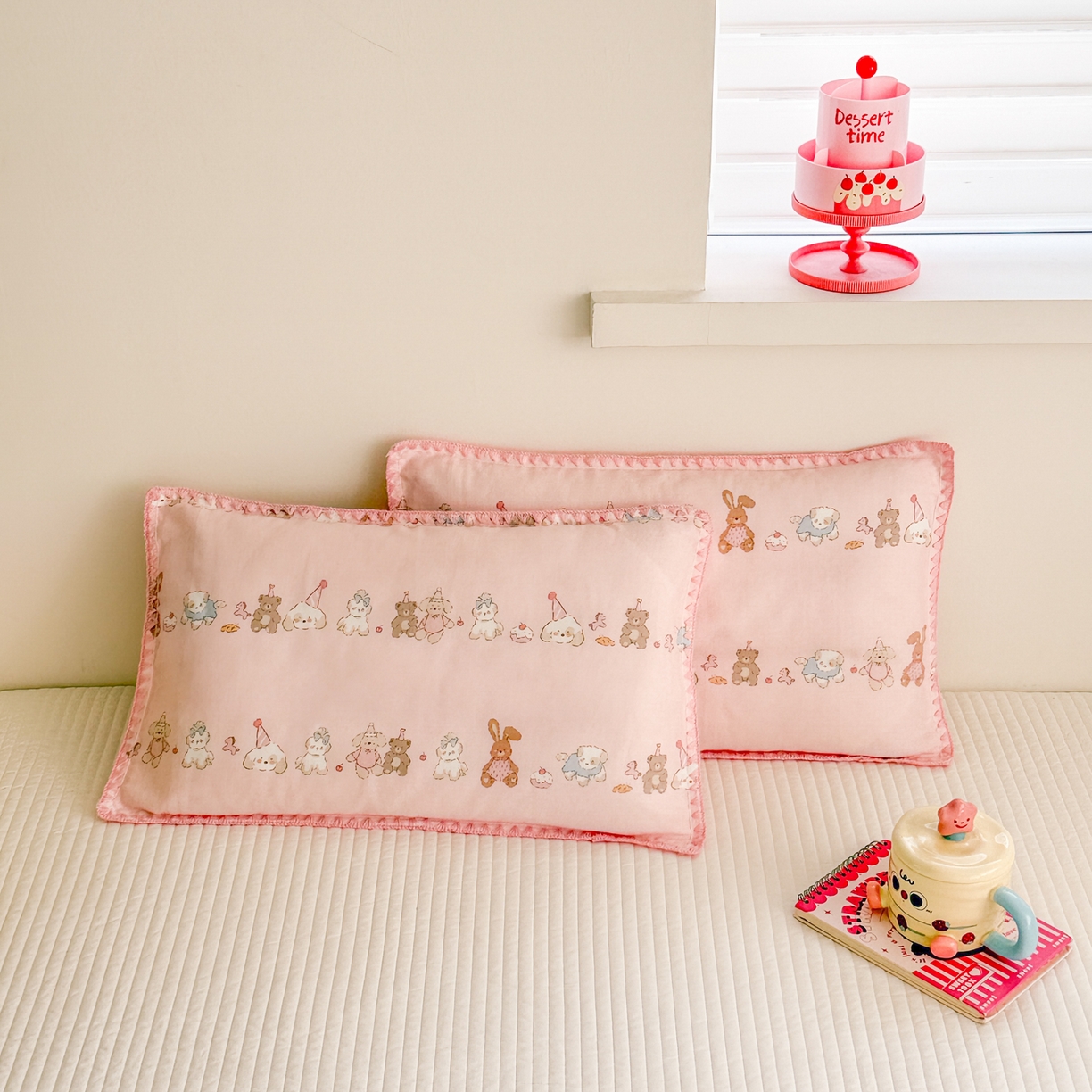 91家纺网 家纺一手货源 找家纺 呗旺鹿 2026新款A类全棉纯棉双层纱儿童枕头套纯棉枕芯内胆套 萌萌动物园粉