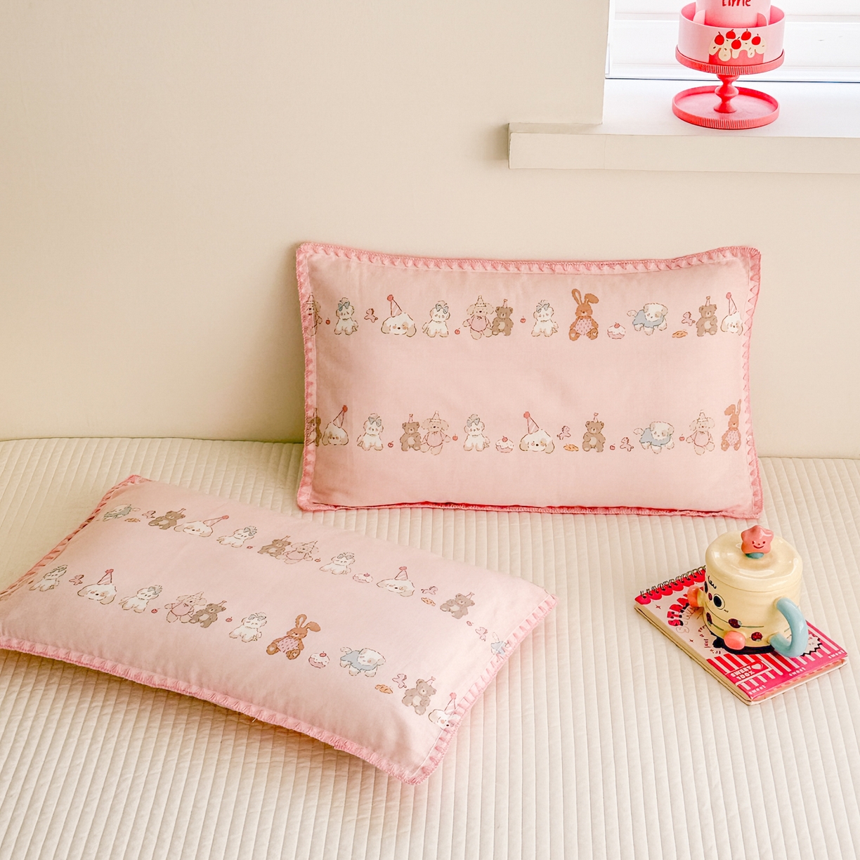 91家纺网 家纺一手货源 找家纺 呗旺鹿 2026新款A类全棉纯棉双层纱儿童枕头套纯棉枕芯内胆套 萌萌动物园粉