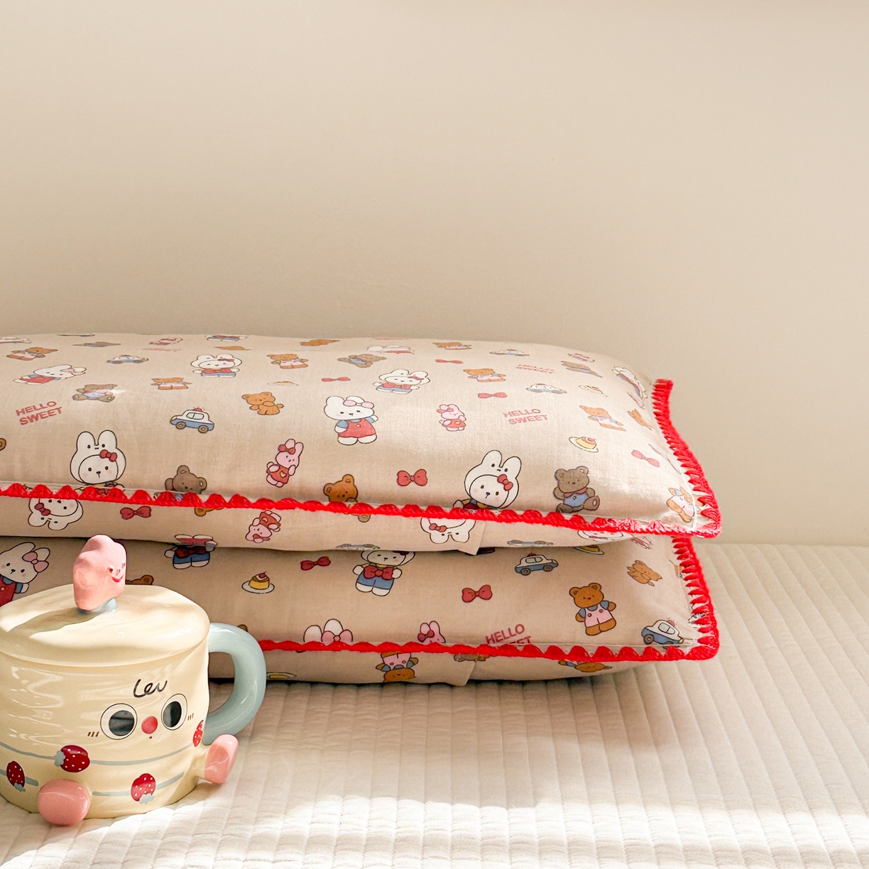 91家纺网 家纺一手货源 找家纺 呗旺鹿 2026新款A类全棉纯棉双层纱儿童枕头套纯棉枕芯内胆套 甜熊兔