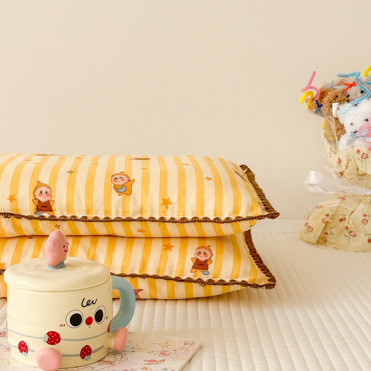 91家纺网 家纺一手货源 找家纺 呗旺鹿 2026新款A类全棉纯棉双层纱儿童枕头套纯棉枕芯内胆套 萌星