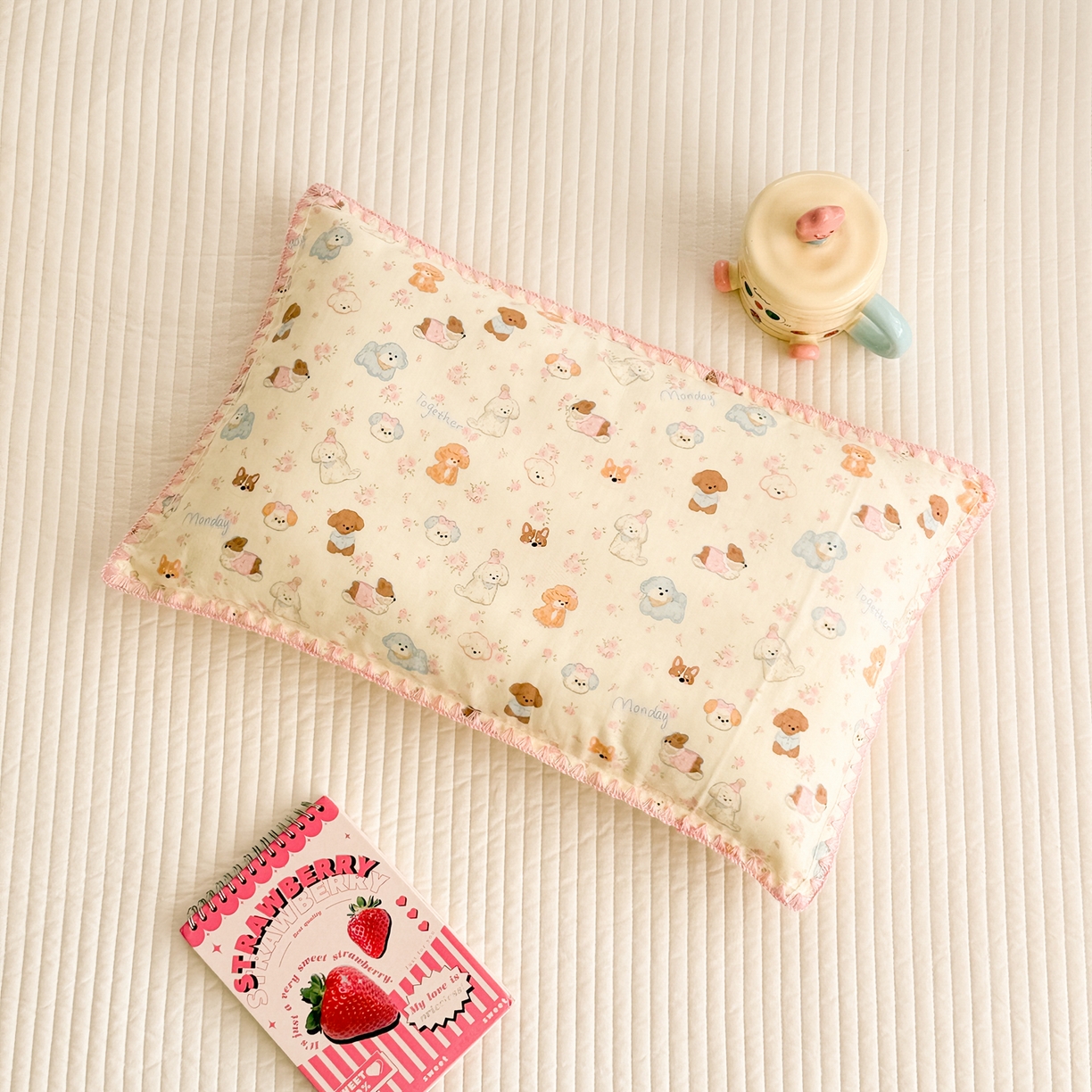 91家纺网 家纺一手货源 找家纺 呗旺鹿 2026新款A类全棉纯棉双层纱儿童枕头套纯棉枕芯内胆套 泡芙狗