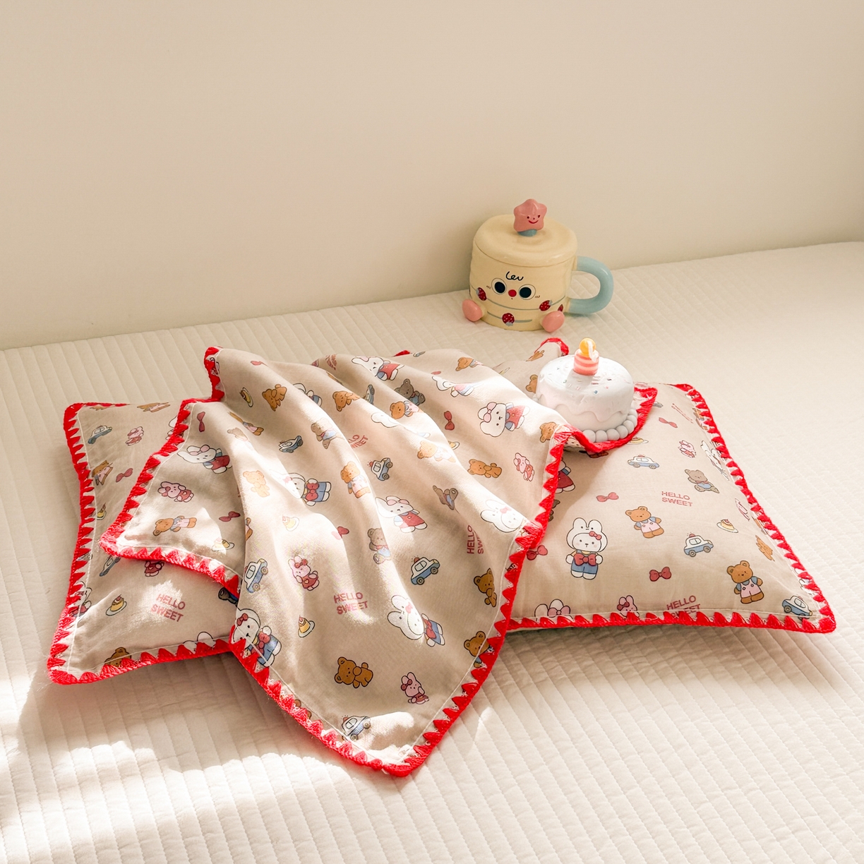 91家纺网 家纺一手货源 找家纺 呗旺鹿 2026新款A类全棉纯棉双层纱儿童枕头套纯棉枕芯内胆套 甜熊兔