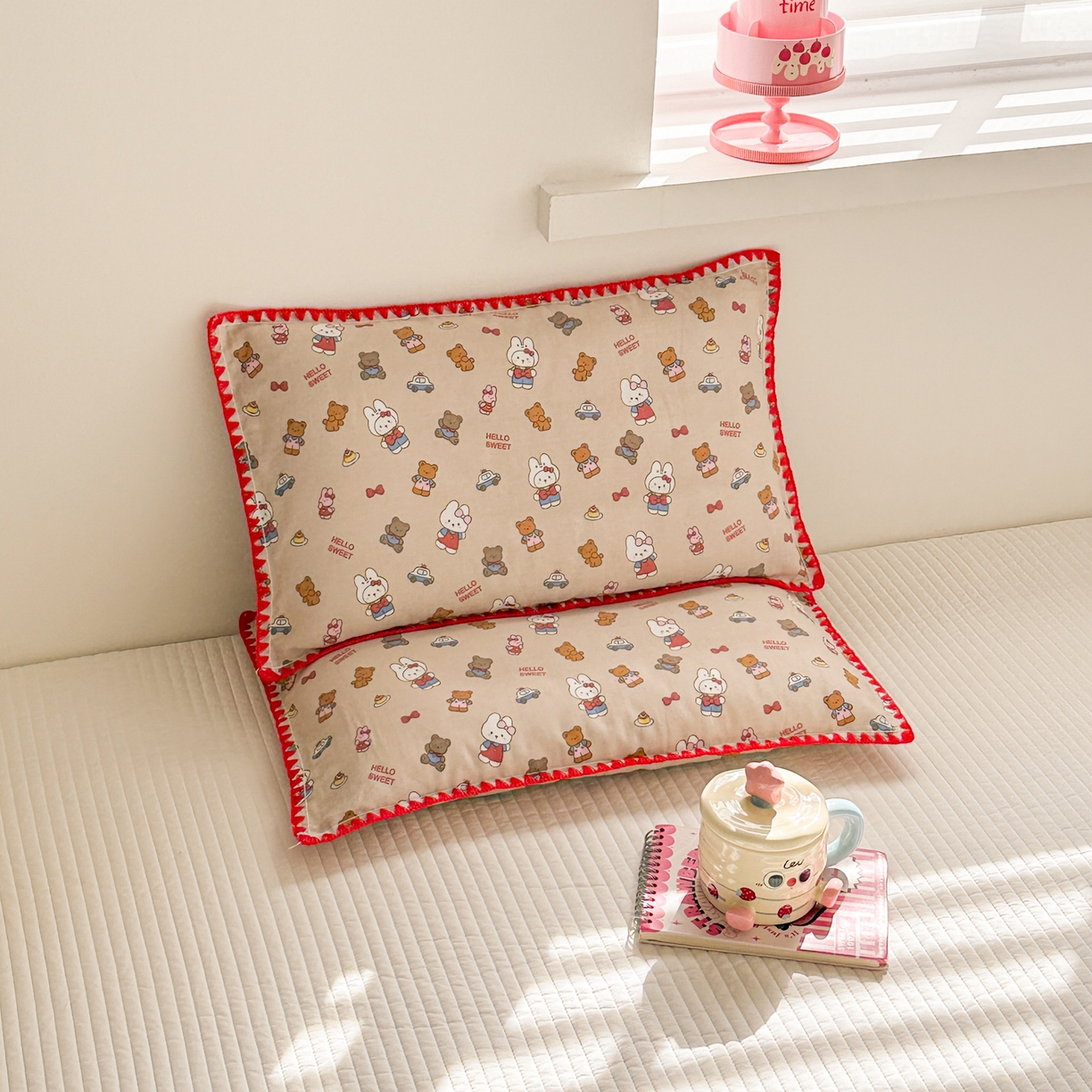 91家纺网 家纺一手货源 找家纺 呗旺鹿 2026新款A类全棉纯棉双层纱儿童枕头套纯棉枕芯内胆套 甜熊兔