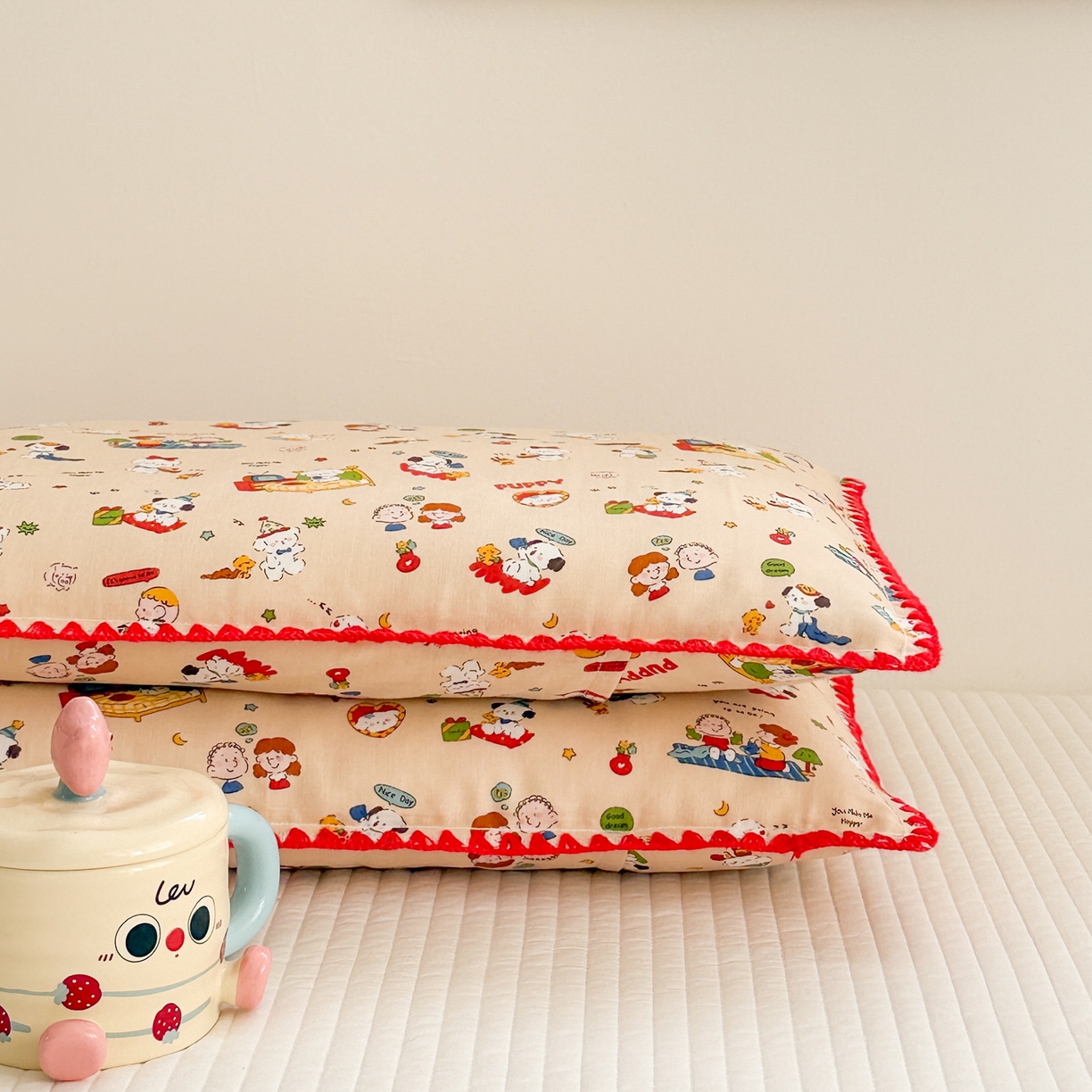 91家纺网 家纺一手货源 找家纺 呗旺鹿 2026新款A类全棉纯棉双层纱儿童枕头套纯棉枕芯内胆套 查理派对