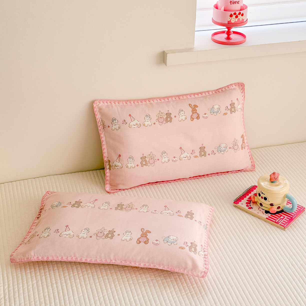 91家纺网 家纺一手货源 找家纺 呗旺鹿 2026新款A类全棉纯棉双层纱儿童枕头套纯棉枕芯内胆套 萌萌动物园粉